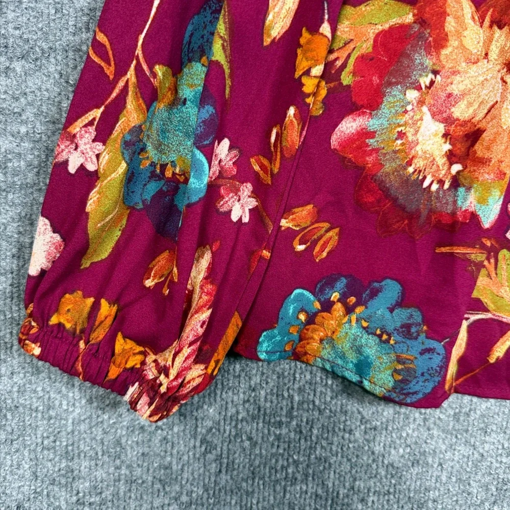 Bell by Kim Gravel Size Large Top Blouse Maroon Floral Boho V Neck Puff Sleeves